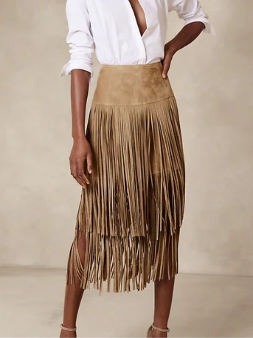 Banana Republic Sevilla Suede Fringe Skirt Fringe Mini Skirt in Brown Size 12